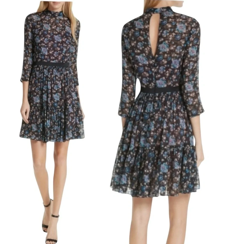 REBECCA TAYLOR Silk Solstice Floral High Neck Short Dress Black Size 0